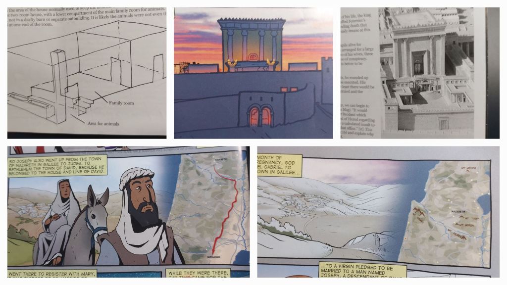 Collage of images from the comic: a first century home, the drawn image of Herod's temple, a model of Herod's temple, and two images with maps.