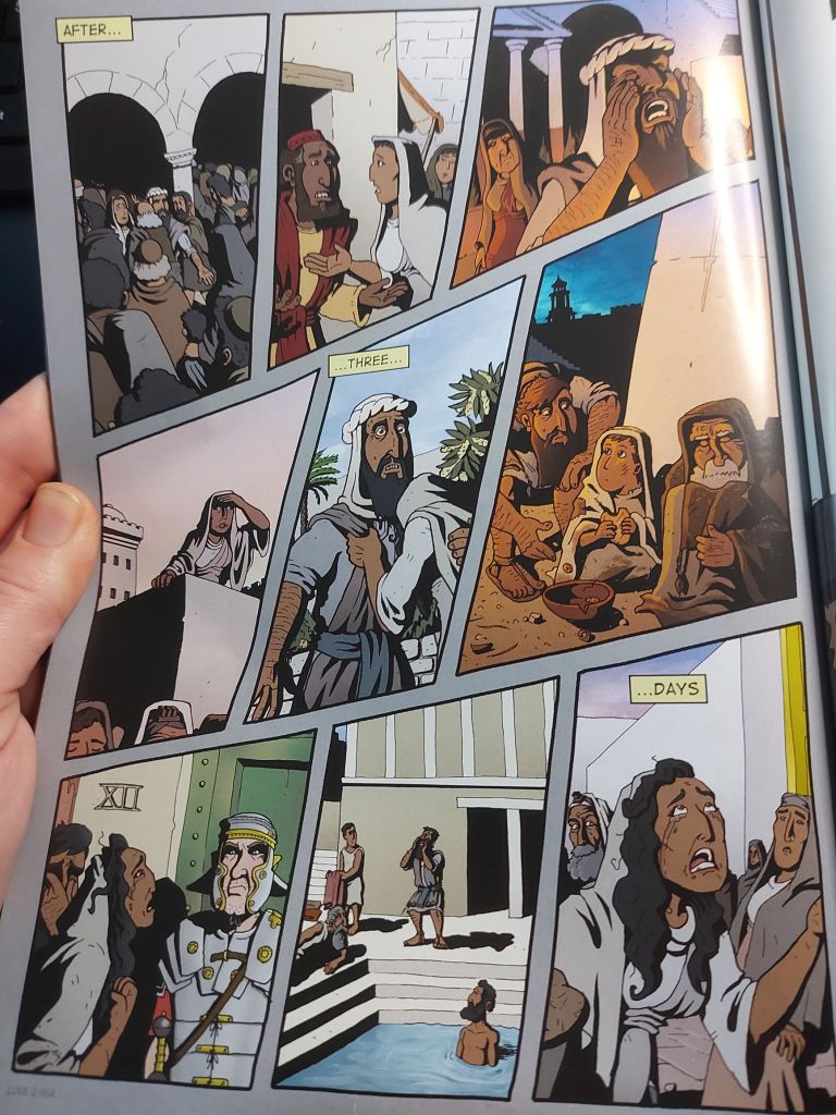 Image of a page in the comic - the text is "after three days". The image contains 9 frames of Mary and Joseph looking for Jesus in a busy Jerusalem.