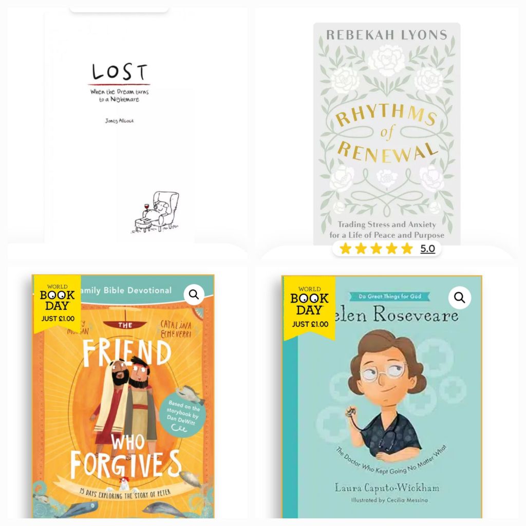 Image of four books: "Lost", "Rhythms of Renewal", "The Friend Who Forgives Family Devotional", and "Helen Roseveare".